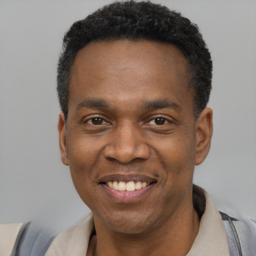 Joyful black adult male with short  black hair and brown eyes