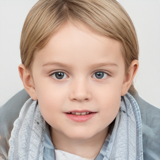 Joyful white child female with medium  brown hair and grey eyes