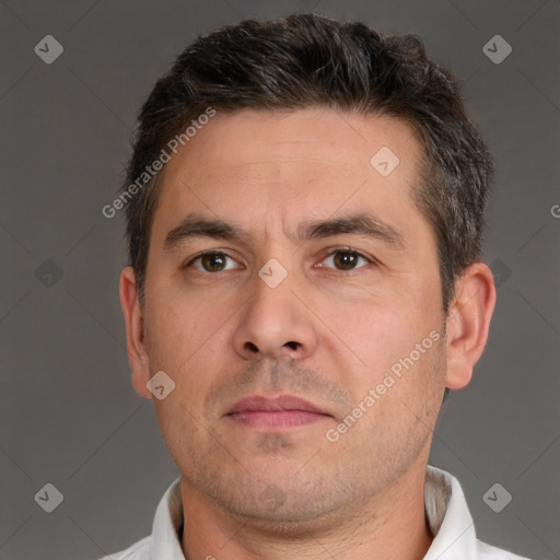 Neutral white adult male with short  brown hair and brown eyes