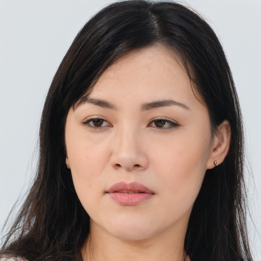 Neutral asian young-adult female with long  black hair and brown eyes