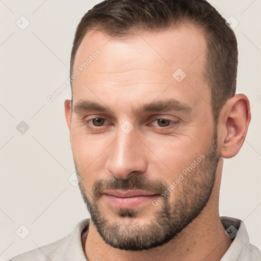 Neutral white young-adult male with short  brown hair and brown eyes