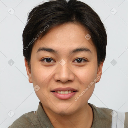 Joyful asian young-adult female with short  brown hair and brown eyes