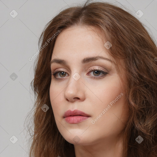 Neutral white young-adult female with long  brown hair and brown eyes