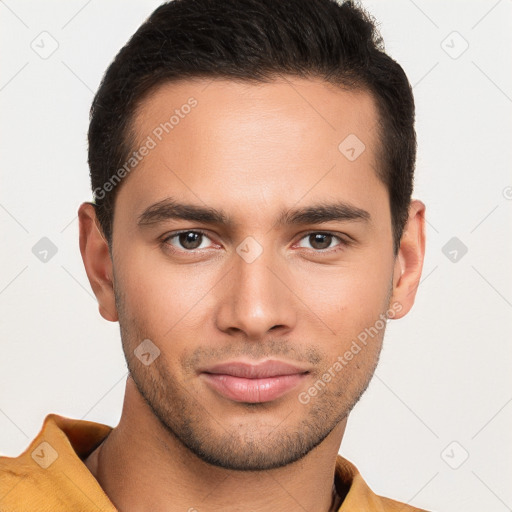 Neutral white young-adult male with short  brown hair and brown eyes