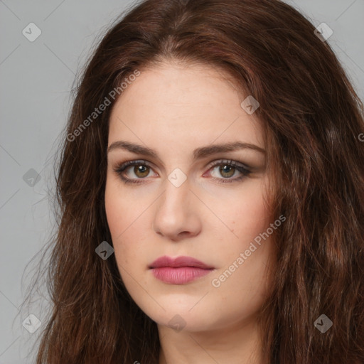 Neutral white young-adult female with long  brown hair and brown eyes