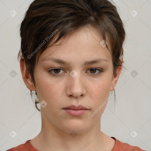 Neutral white young-adult female with short  brown hair and brown eyes