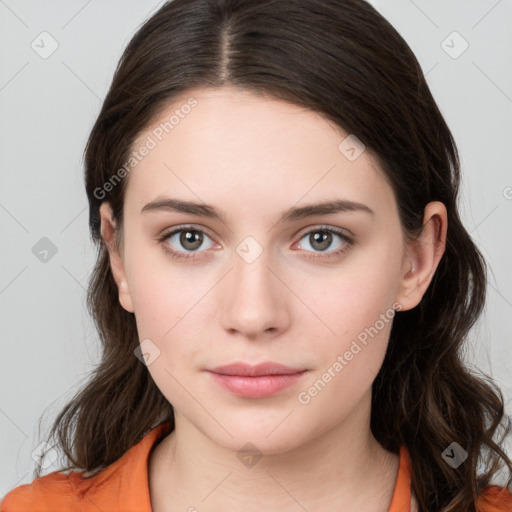 Neutral white young-adult female with medium  brown hair and brown eyes