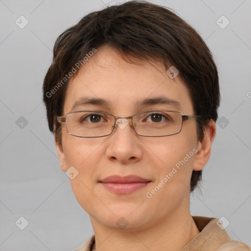 Joyful white adult female with short  brown hair and brown eyes