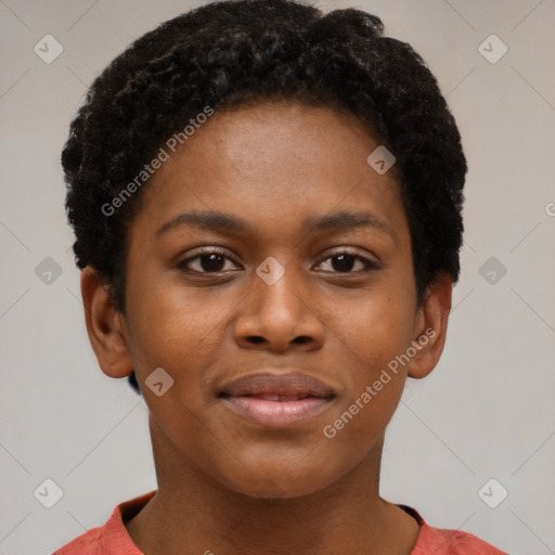 Neutral black young-adult female with short  black hair and brown eyes