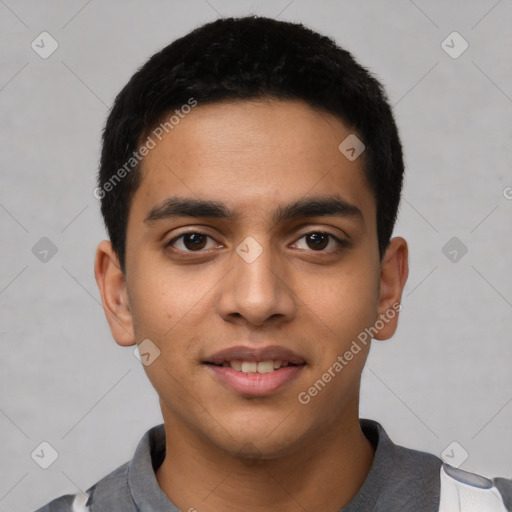 Joyful latino young-adult male with short  black hair and brown eyes