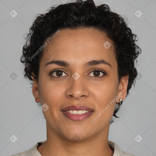 Joyful latino young-adult female with short  brown hair and brown eyes