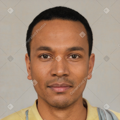 Neutral latino young-adult male with short  black hair and brown eyes