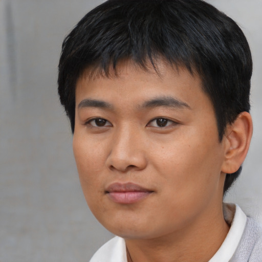 Neutral asian young-adult male with short  black hair and brown eyes