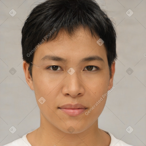 Neutral asian young-adult male with short  brown hair and brown eyes