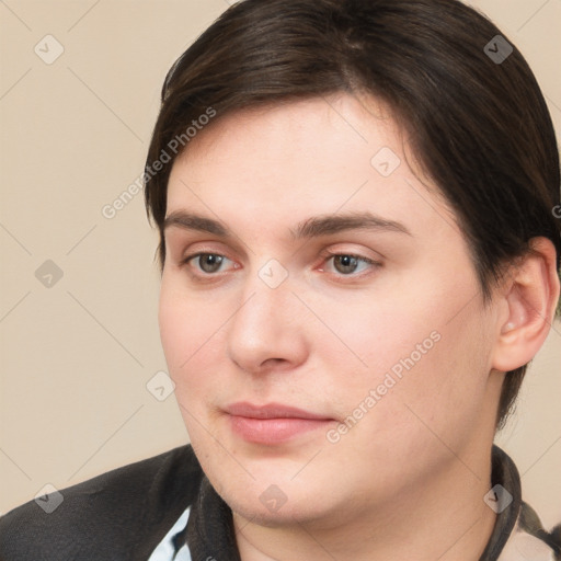 Neutral white young-adult female with short  brown hair and brown eyes