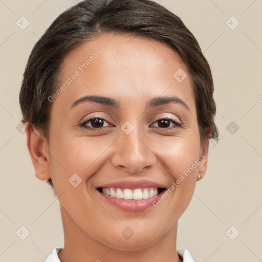 Joyful white young-adult female with short  brown hair and brown eyes