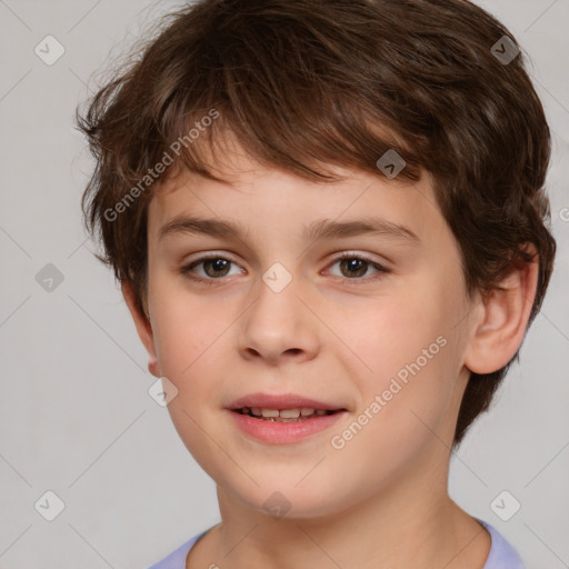 Joyful white child male with short  brown hair and brown eyes