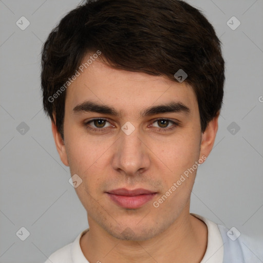 Neutral white young-adult male with short  brown hair and brown eyes