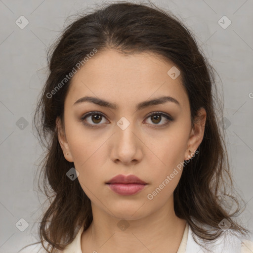 Neutral white young-adult female with medium  brown hair and brown eyes