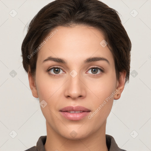 Neutral white young-adult female with short  brown hair and brown eyes