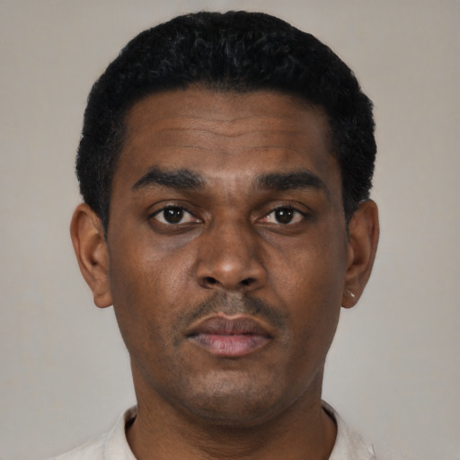 Neutral black young-adult male with short  black hair and brown eyes