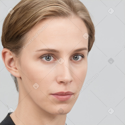 Neutral white young-adult female with medium  brown hair and grey eyes