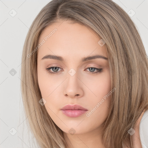 Neutral white young-adult female with long  brown hair and brown eyes