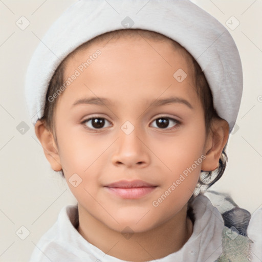 Joyful white child female with short  brown hair and brown eyes