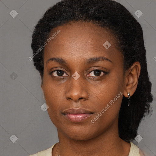 Neutral black young-adult female with short  black hair and brown eyes