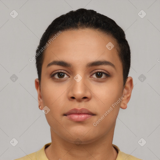 Neutral latino young-adult female with short  black hair and brown eyes