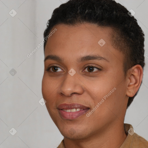 Joyful latino young-adult female with short  brown hair and brown eyes