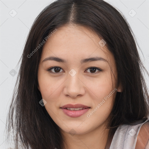 Joyful asian young-adult female with long  brown hair and brown eyes