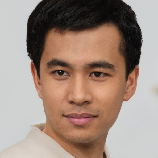 Neutral asian young-adult male with short  black hair and brown eyes