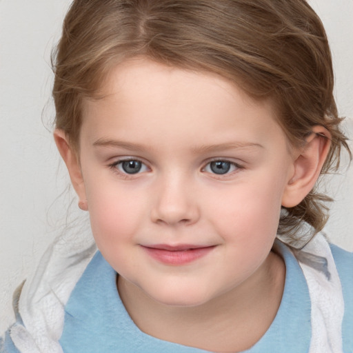 Joyful white child female with medium  brown hair and blue eyes