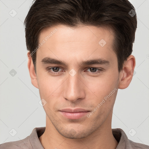 Neutral white young-adult male with short  brown hair and brown eyes