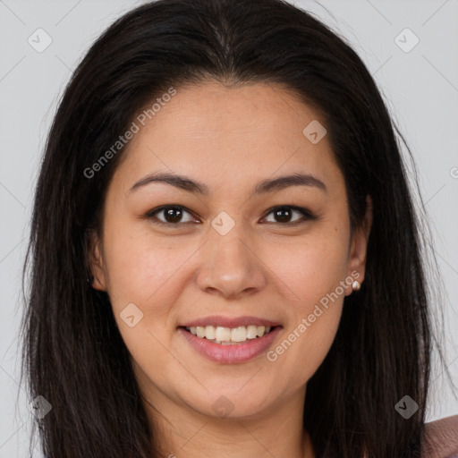 Joyful white young-adult female with long  brown hair and brown eyes