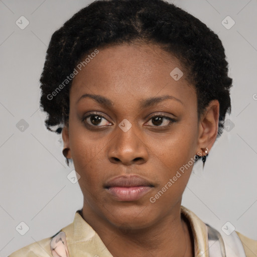 Neutral black young-adult female with short  black hair and brown eyes