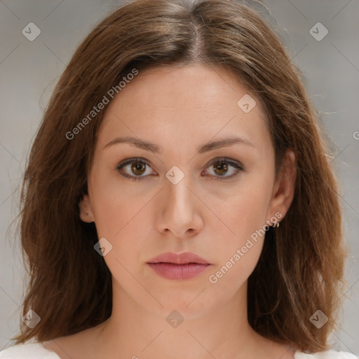 Neutral white young-adult female with medium  brown hair and brown eyes