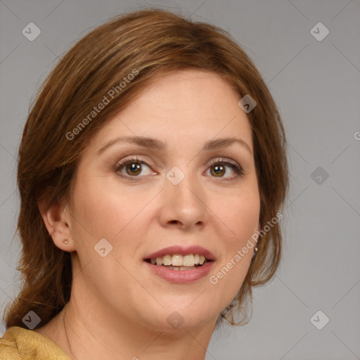 Joyful white young-adult female with medium  brown hair and green eyes