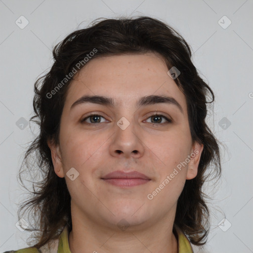 Neutral white young-adult female with medium  brown hair and brown eyes