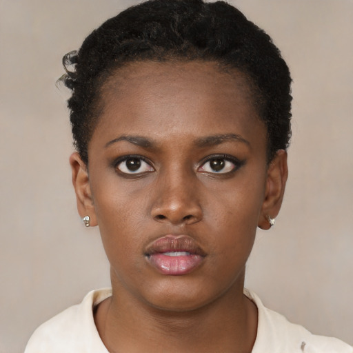 Neutral black young-adult female with short  brown hair and brown eyes