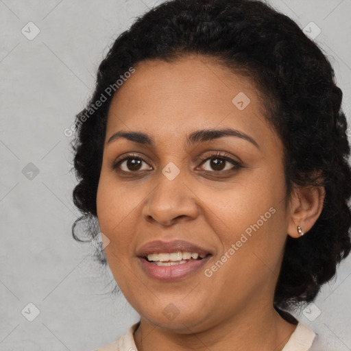 Joyful black young-adult female with medium  black hair and brown eyes