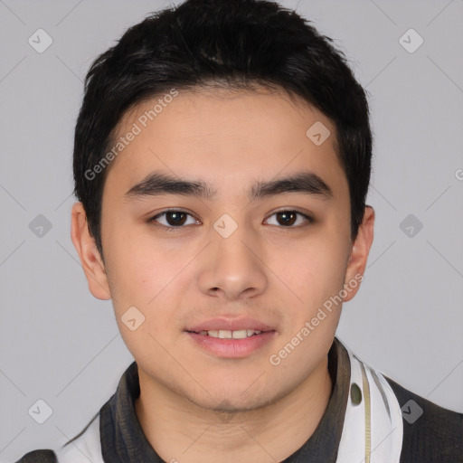 Neutral asian young-adult male with short  black hair and brown eyes