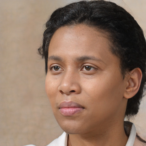 Neutral white young-adult female with short  brown hair and brown eyes