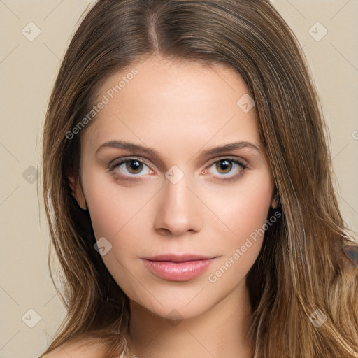 Neutral white young-adult female with long  brown hair and brown eyes