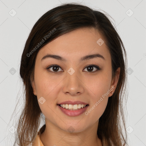 Joyful white young-adult female with long  brown hair and brown eyes