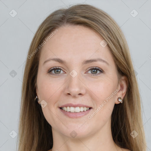 Joyful white young-adult female with long  brown hair and grey eyes