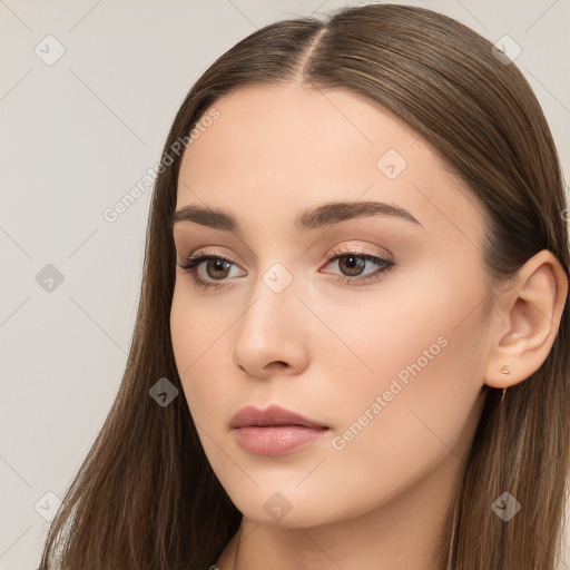 Neutral white young-adult female with long  brown hair and brown eyes