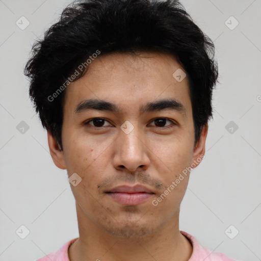 Neutral asian young-adult male with short  black hair and brown eyes