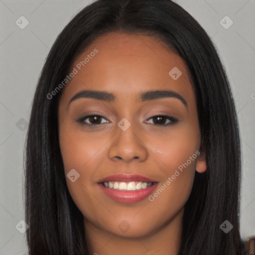 Joyful latino young-adult female with long  brown hair and brown eyes